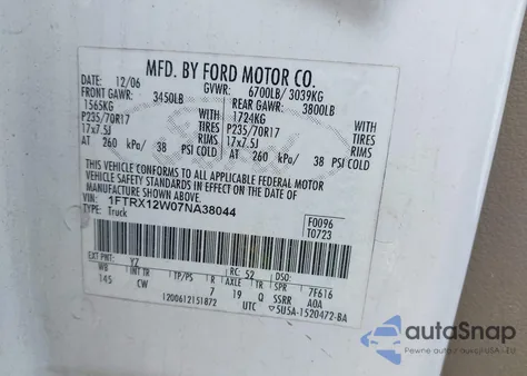 2007 Ford F-150 Stx/Xl/Xlt from USA, damaged, VIN 1FTRX12W07NA38044